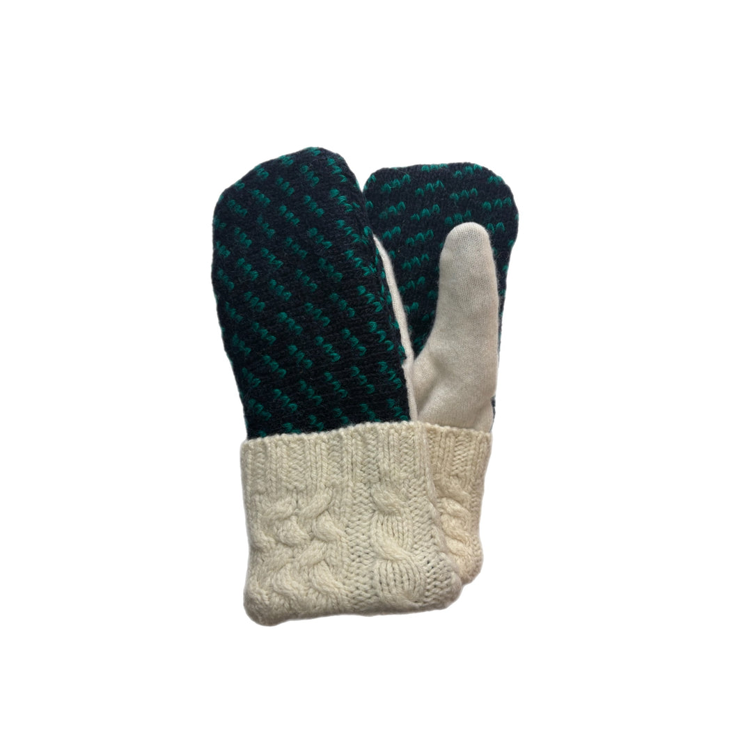 Women's Mittens - Navy & Green Pattern with Cream Cable Knit - 1599 M/L 