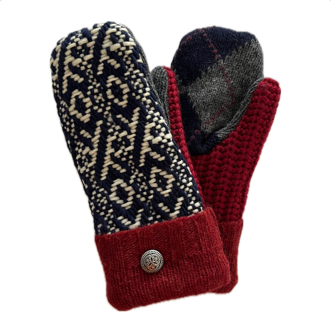 Women's Mittens - Navy Nordic, Red & Argyle with Buttons - 1494 M/L