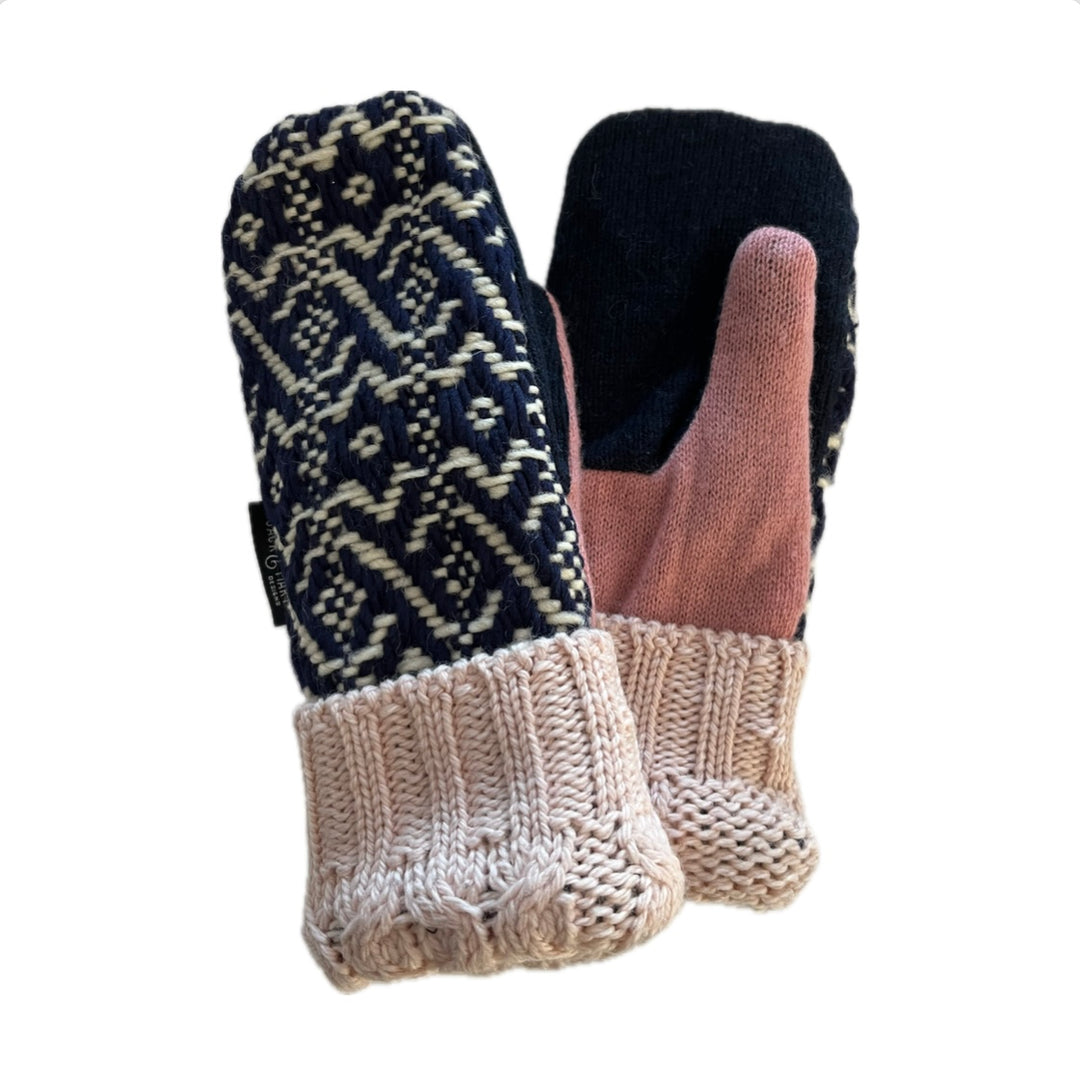 Women's Mittens - Navy Pattern & Baby Pink - 1535 M/L