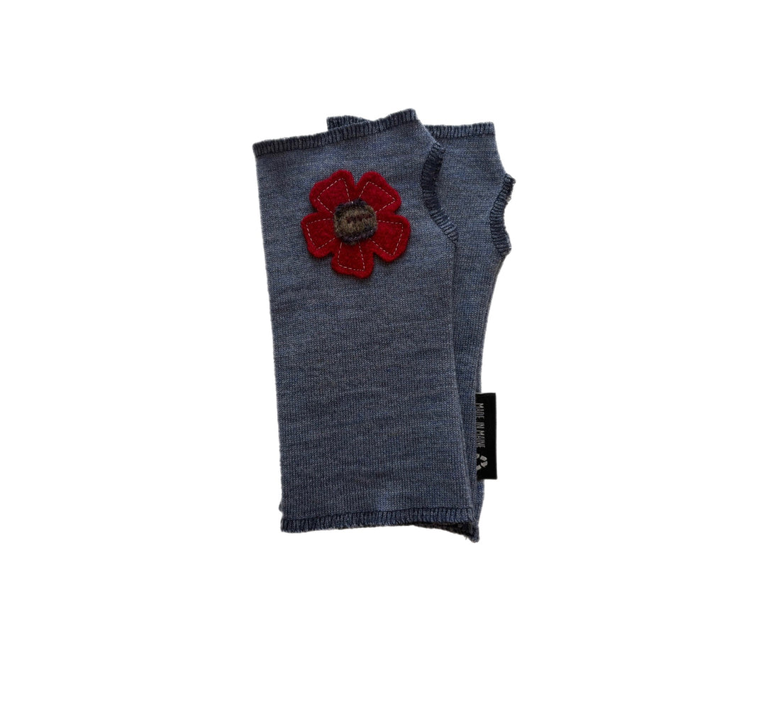 Short Fingerless Mittens - Navy with Red Flower - 302