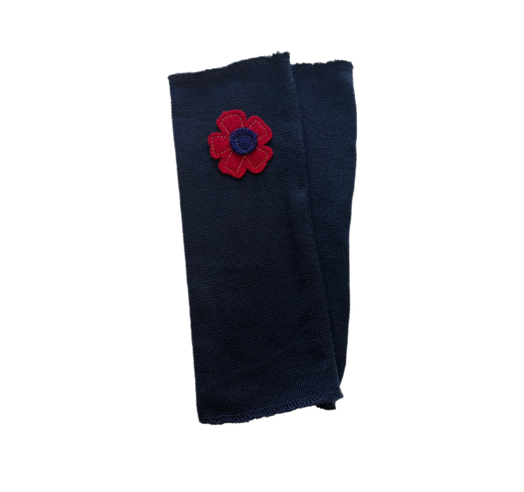 Long Fingerless Mittens - Navy with Red Flower - 158