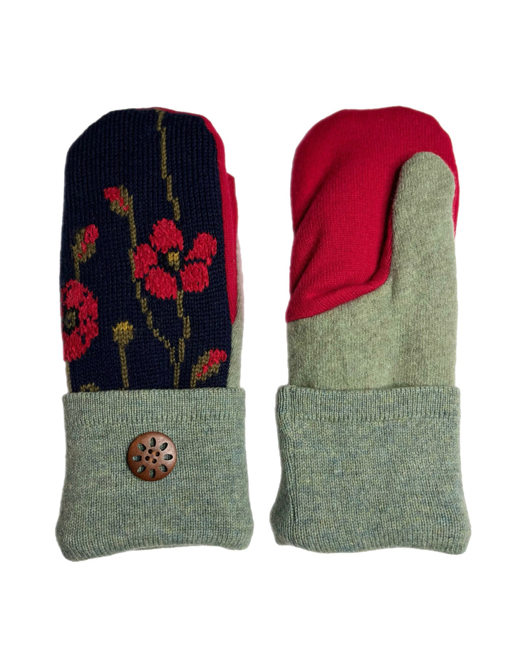 Women's Mittens - Navy, Sage Green & Red with Flower Pattern & Button - 1619 M/L 