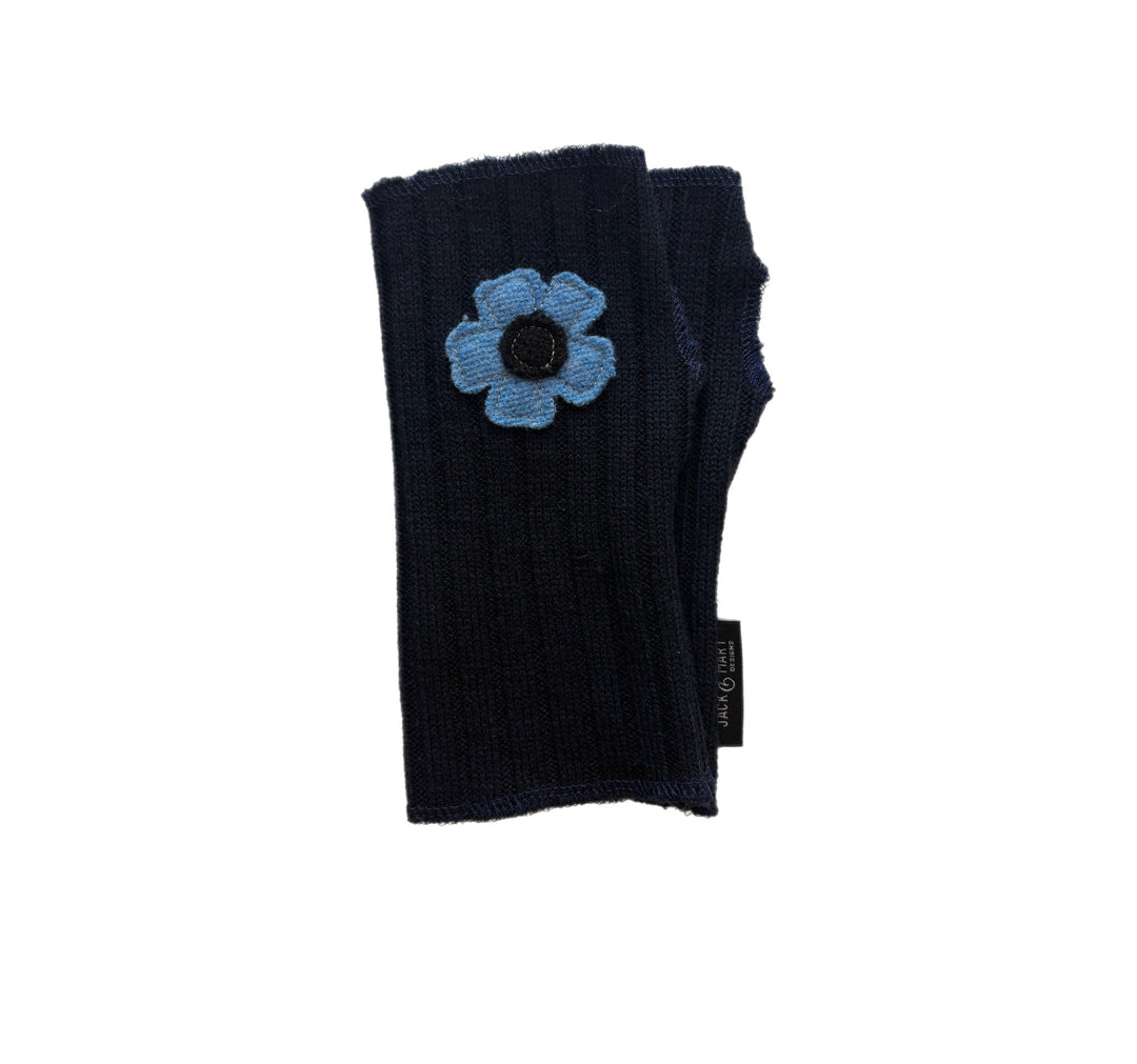 Short Fingerless Mittens - Navy with Blue Flower - 303