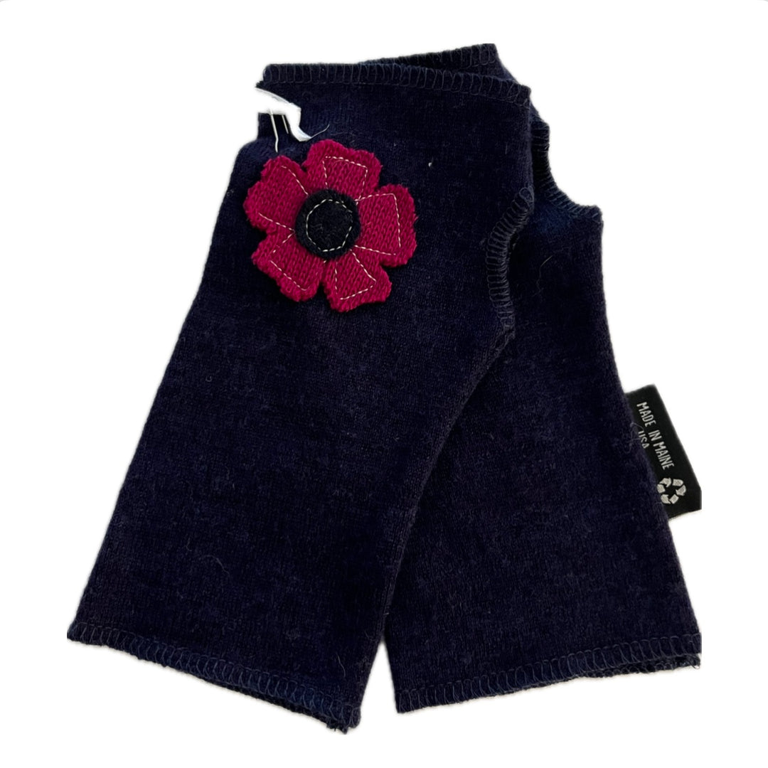 SALE Wool Short Flower Fingerless Mittens - Navy with Off Center Berry Flower  - 192