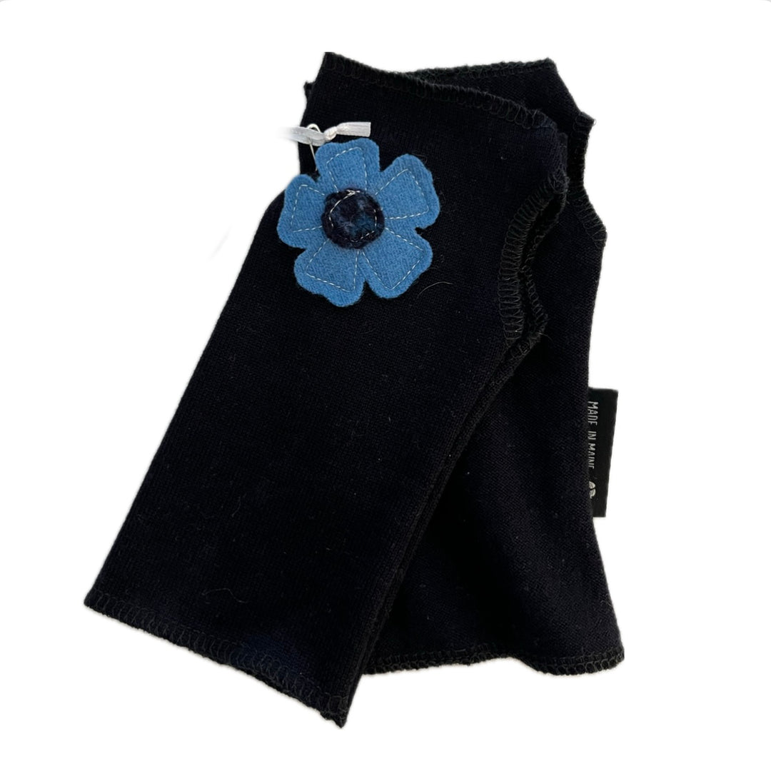 SALE Wool Short Flower Fingerless Mittens - Navy with Off Center Blue Flower - 214