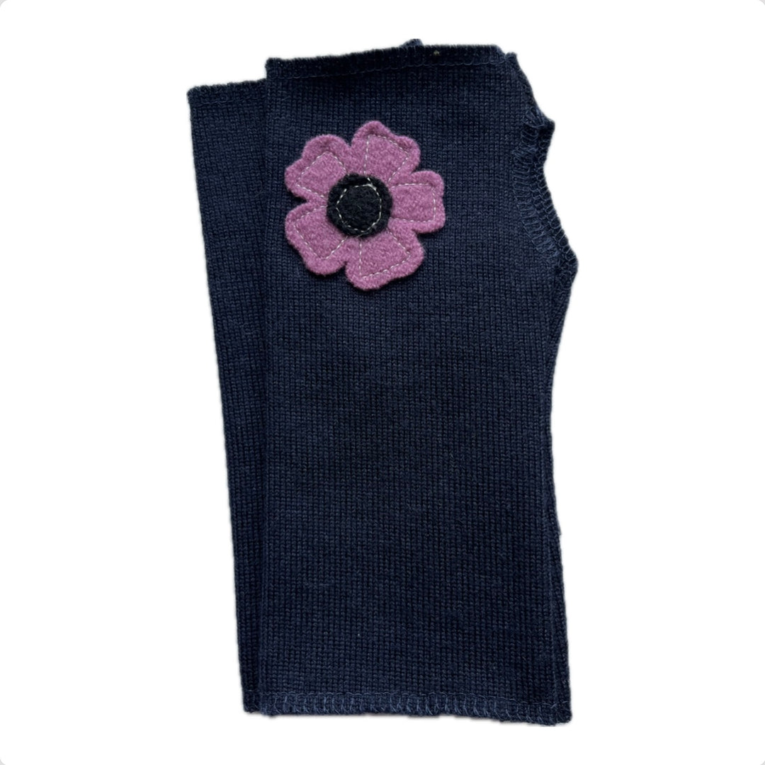 SALE Wool Short Flower Fingerless Mittens - Navy with Off Center Pink Flower - 229