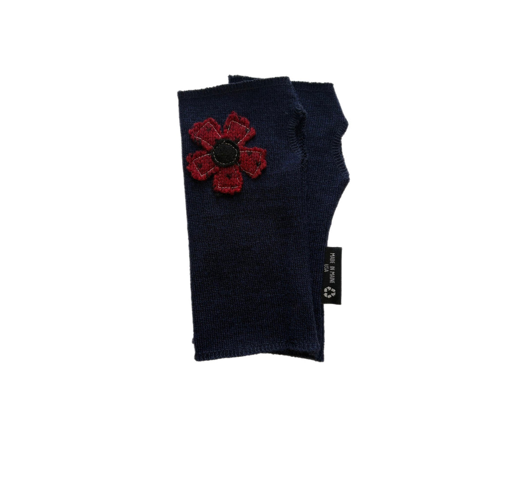 Short Fingerless Mittens - Navy with Red Flower - 304