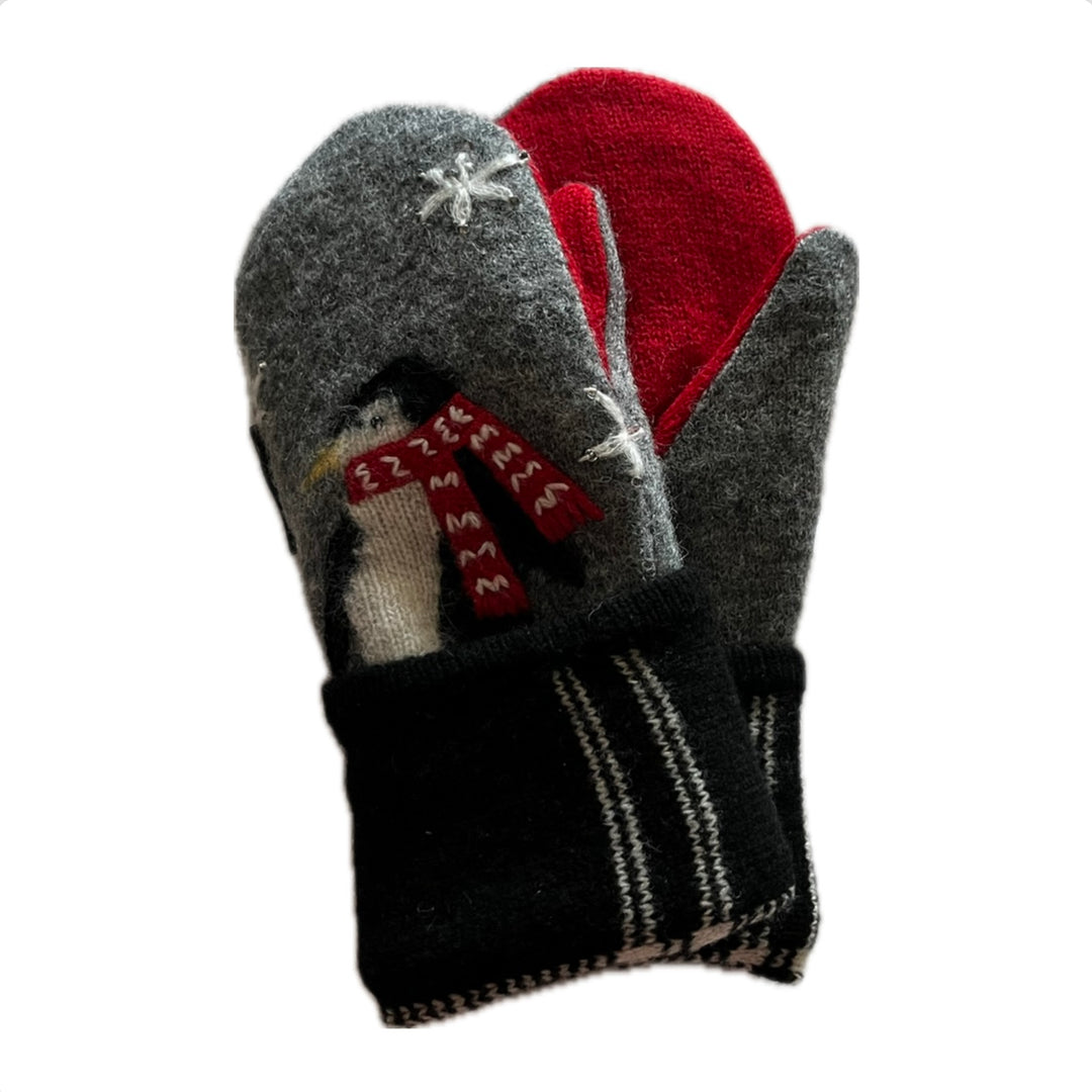 Women's Mittens Small with Buttons - Grey & Red Penguin - 571