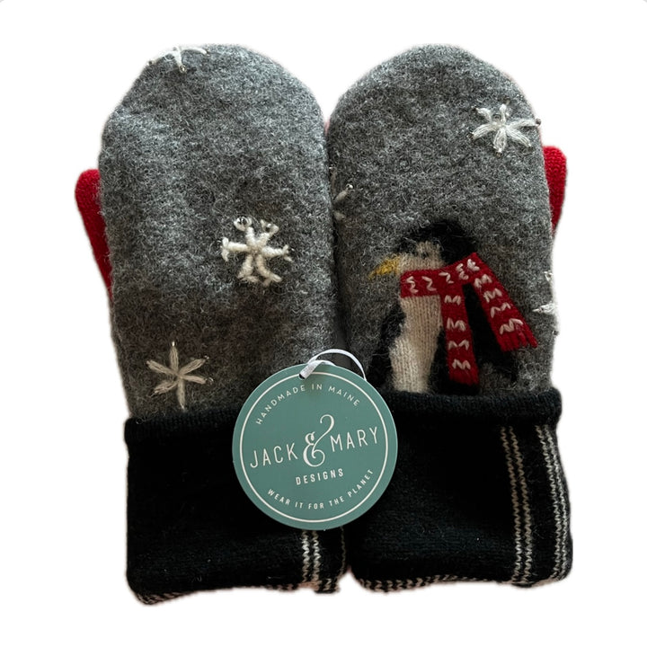 Women's Mittens Small with Buttons - Grey & Red Penguin - 571