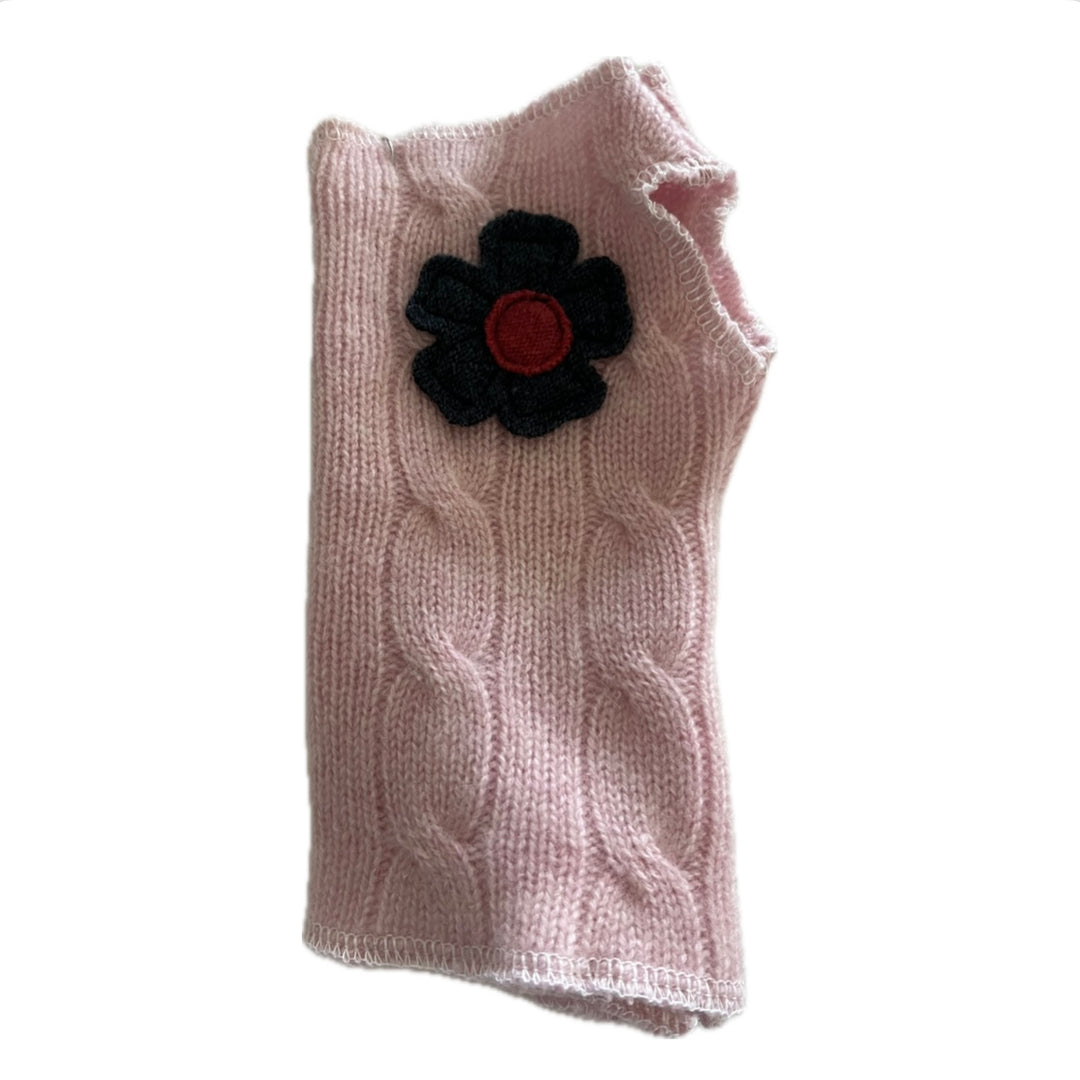 Cashmere Short Fingerless Mittens with Single Flower