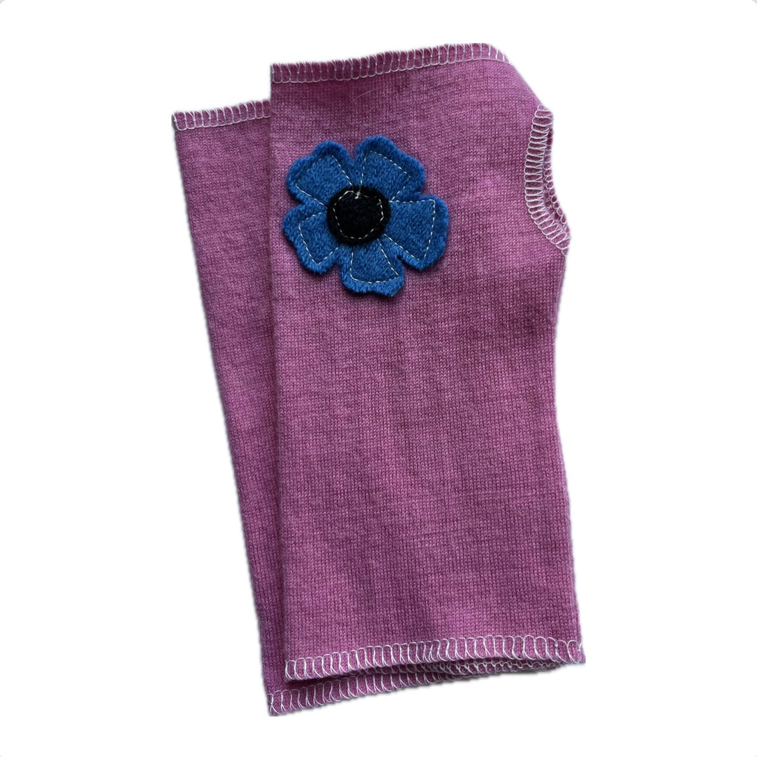 SALE Wool Short Flower Fingerless Mittens - Pink with Off Center Blue Flower - 223