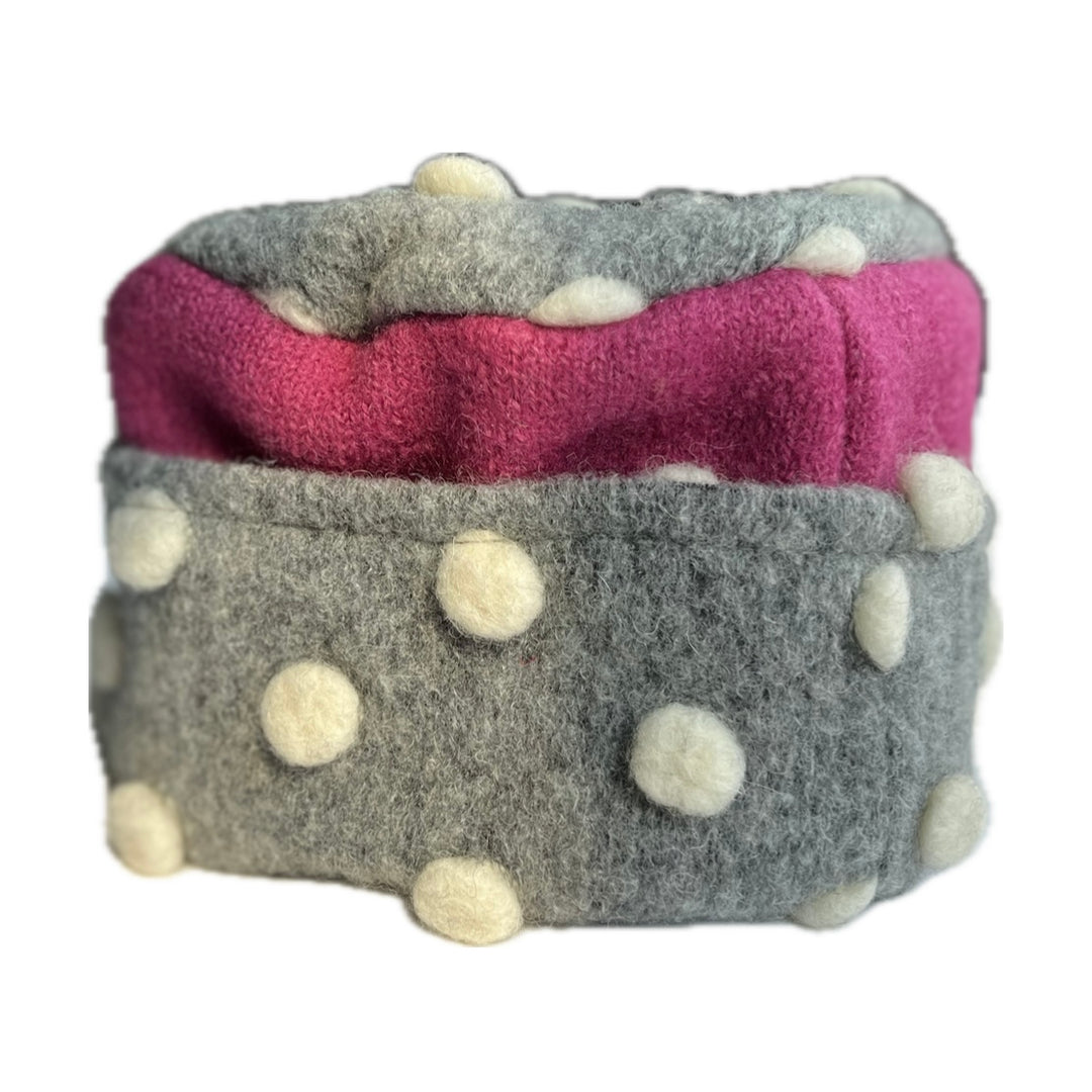 Kids Hat - Pink with Grey & Cream Polka Dots - 160