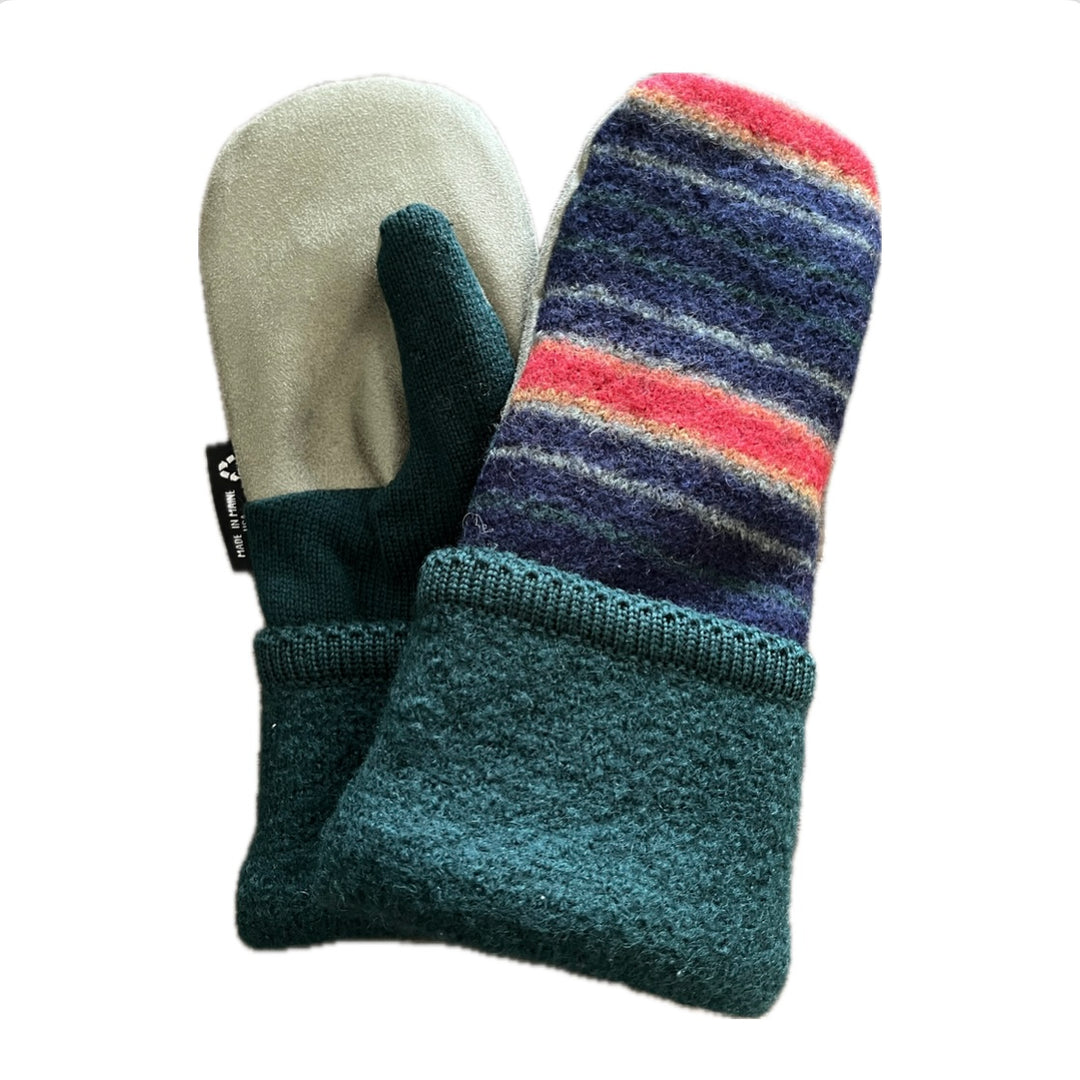 Women's Driving Mittens - Purple & Red Stripes with Green Micro-Suede Palm