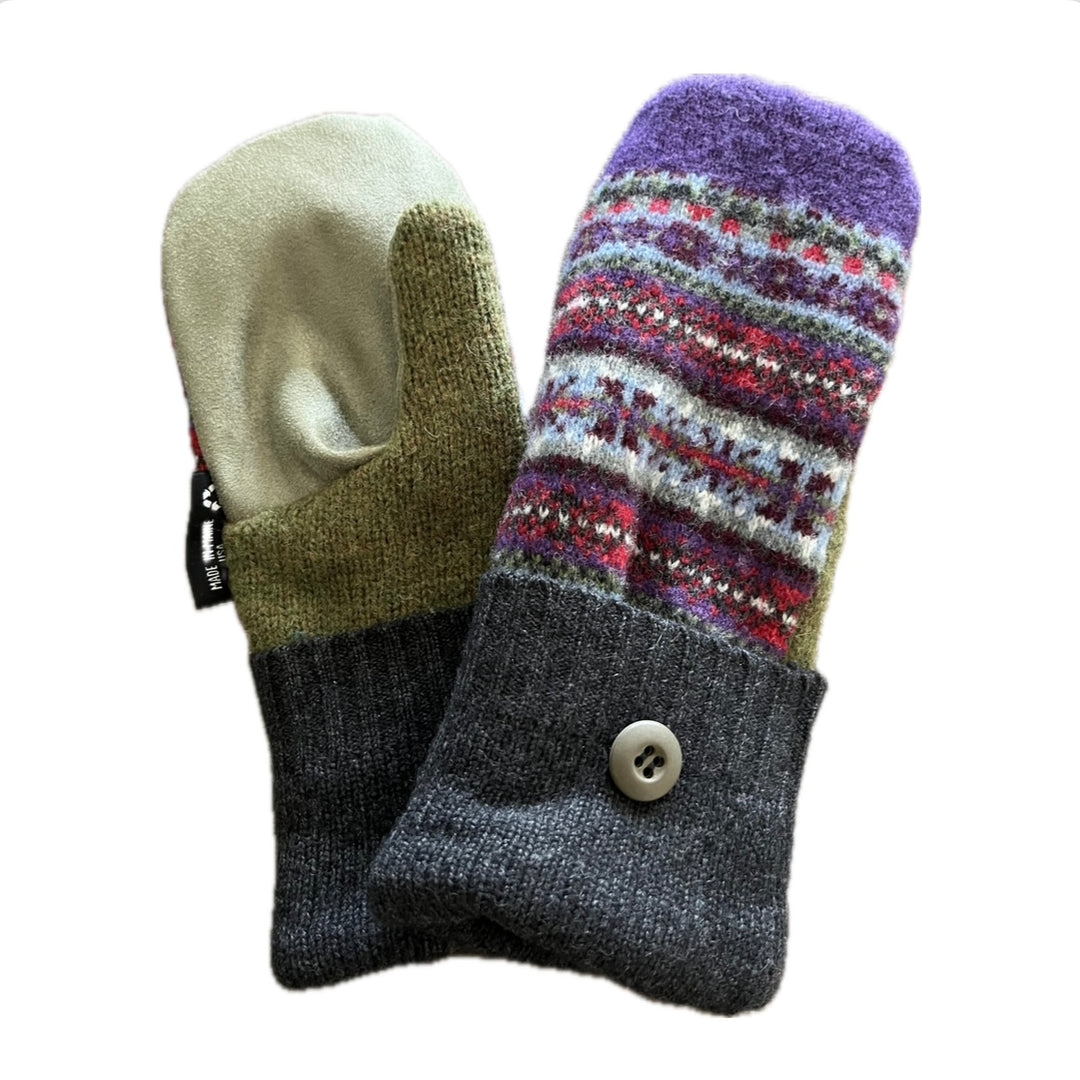 Women's Driving Mittens - Purple Nordic with Green Micro-Suede Palm