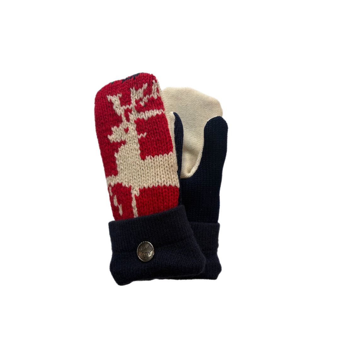 Women's Mittens - Red, Cream & Navy Deer Pattern with Button - 1615 M/L 