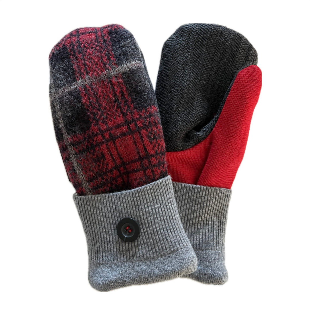 Women's Mittens - Red & Black Plaid with Button