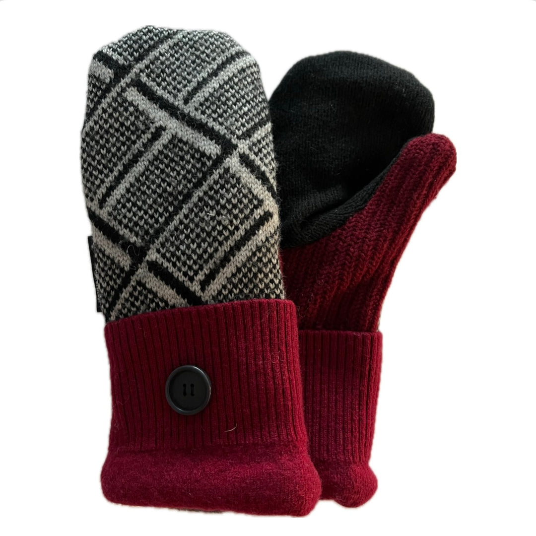 Women's Mittens - Red & Black Print with Button - 1503 M/L