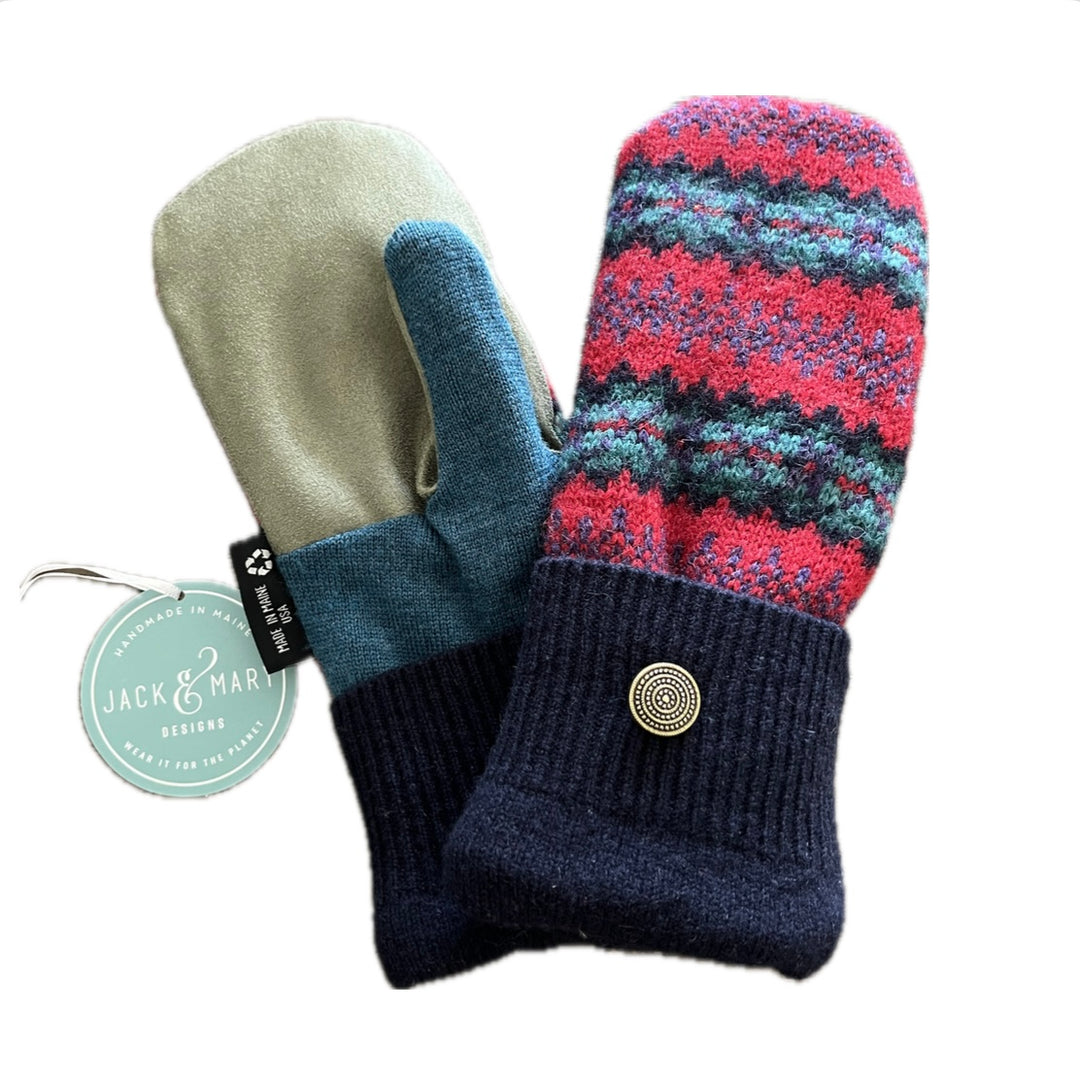 Women's Driving Mittens - Red & Blue Nordic with Green Micro-Suede Palm