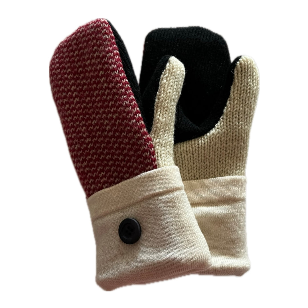 Women's Mittens Small with Buttons - Red & Cream Nordic - 575