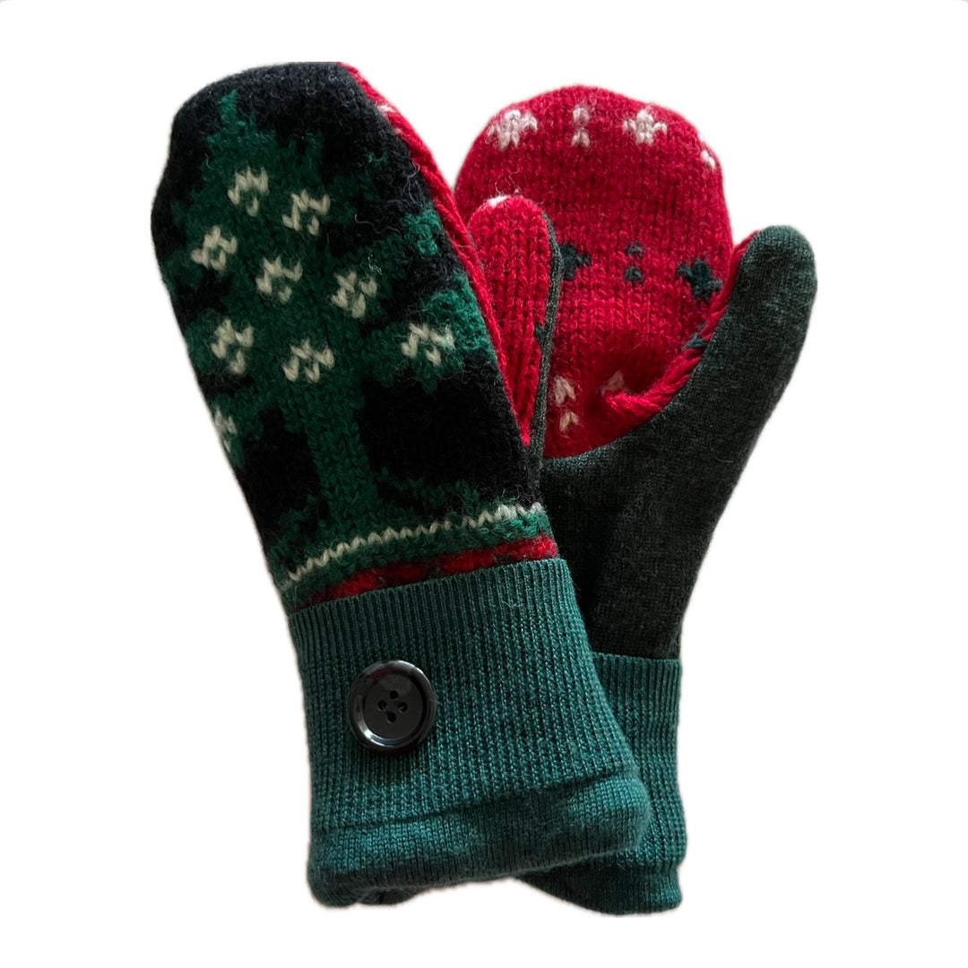 Women's Mittens - Red & Green Nordic with Button - 1481 M/L