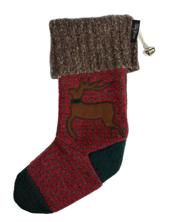 Christmas Stocking - Red & Grey Houndstooth Pattern with Reindeer & Snowflakes - 076 Front