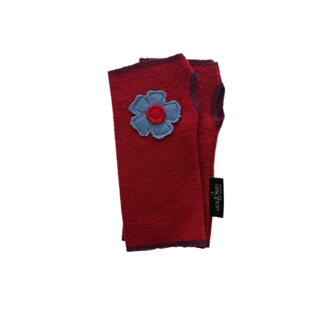 Short Fingerless Mittens - Red with Blue Flower - 305
