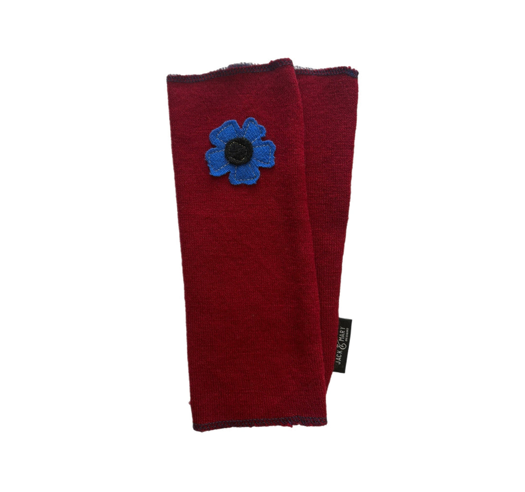 Long Fingerless Mittens - Red with Blue Flower - 161
