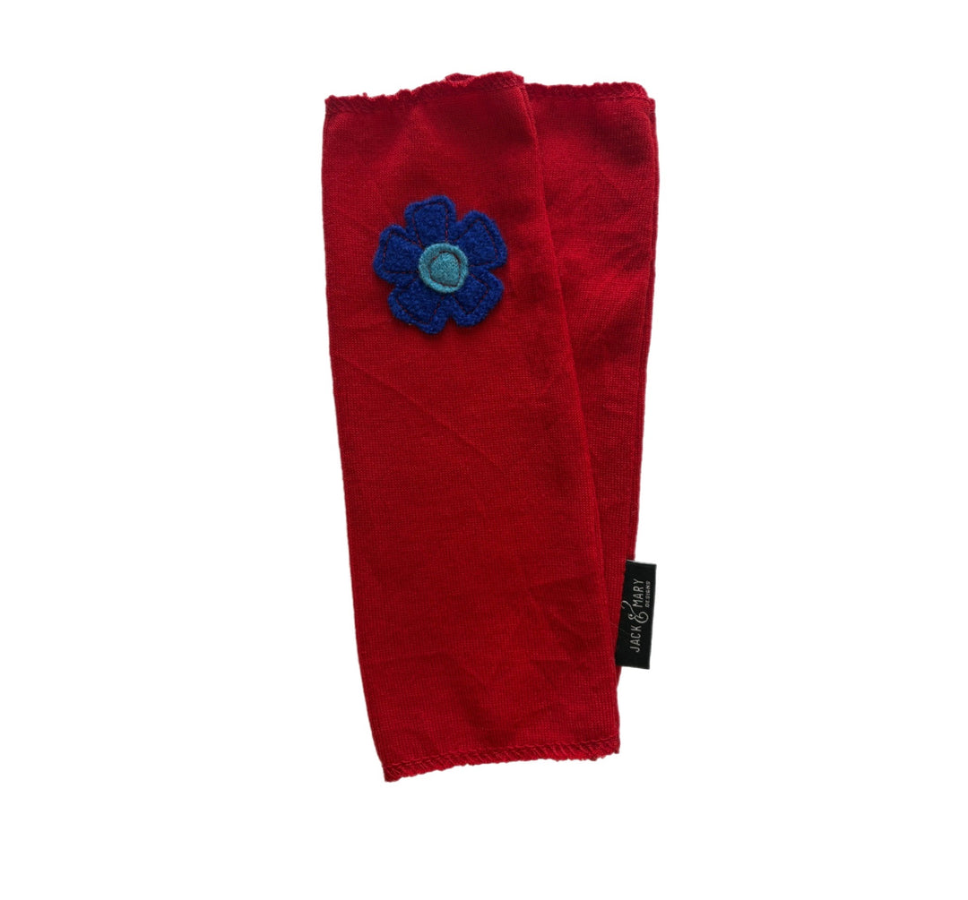 Long Fingerless Mittens - Red with Blue Flower - 160