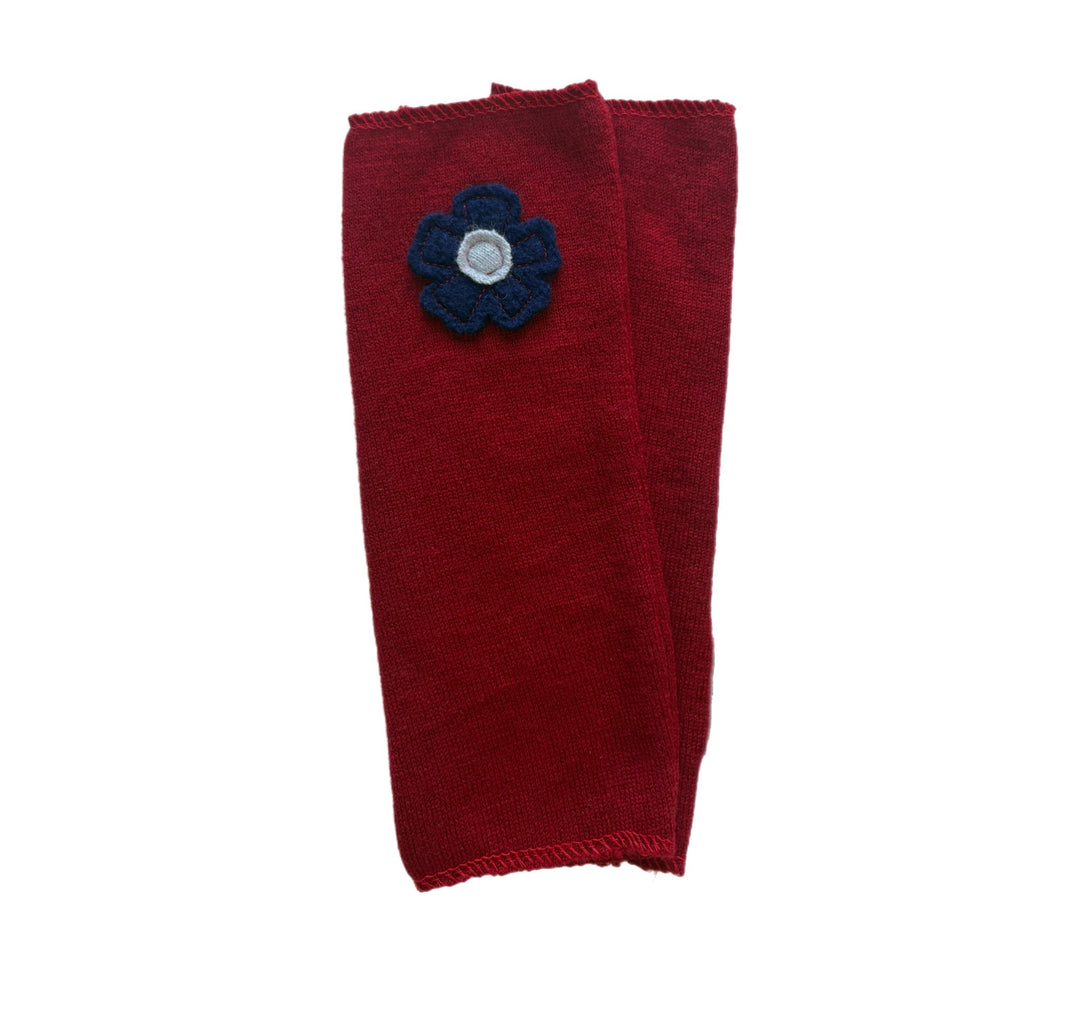 Long Fingerless Mittens - Red with Navy Flower - 162