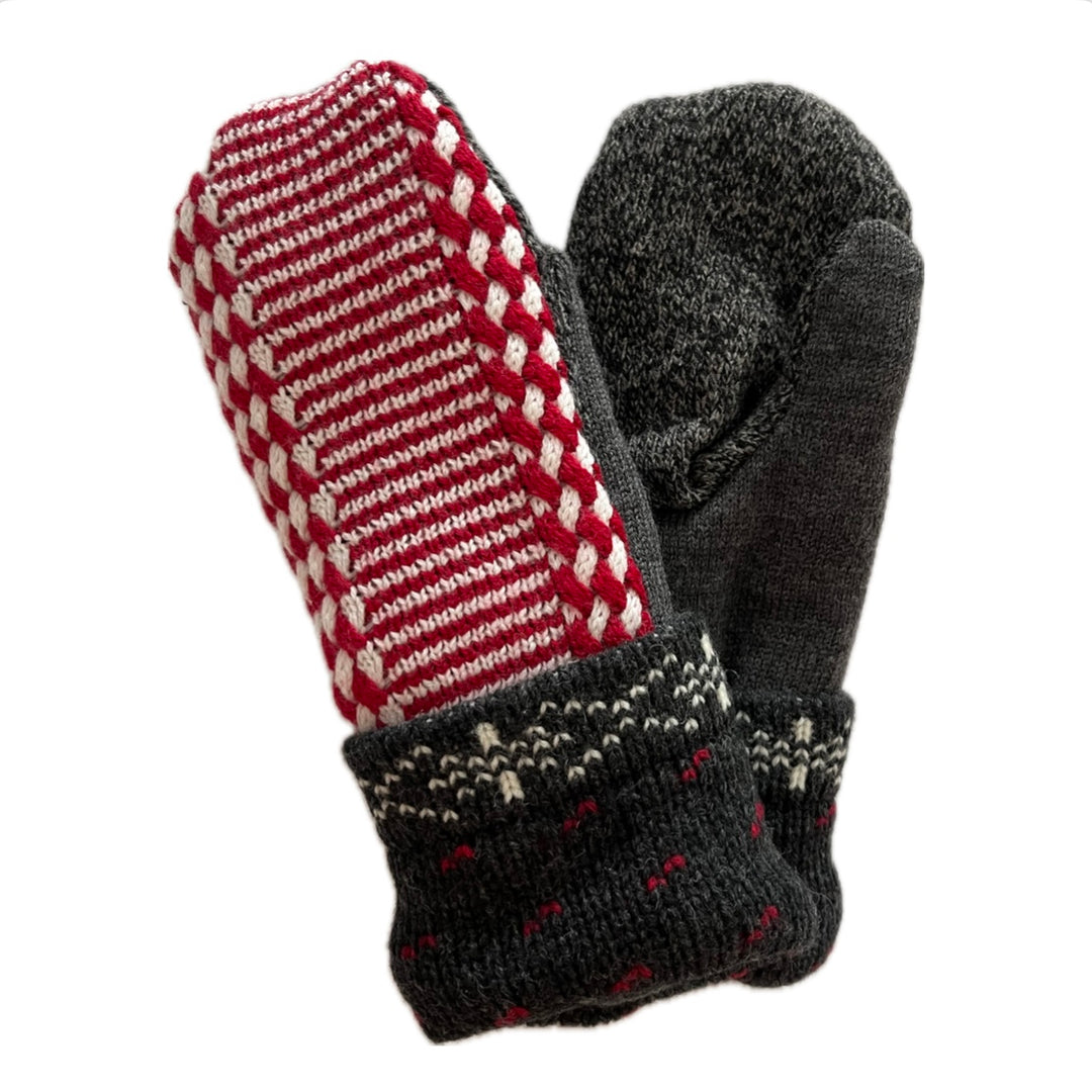 Women's Mittens - Red, White & Grey Pattern - 1498 M/L