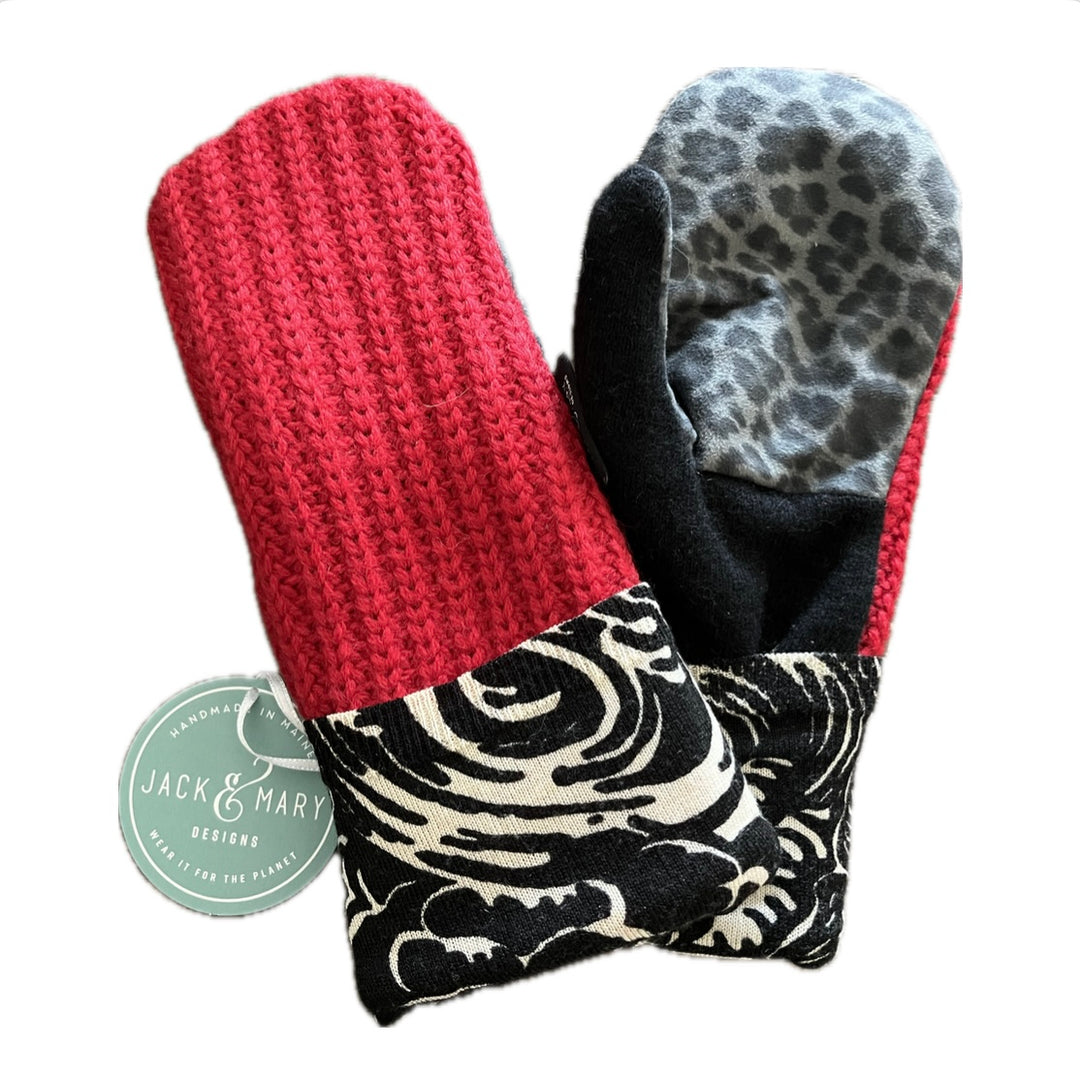 Women's Driving Mittens - Red with Cheetah Print Micro-Suede Palm