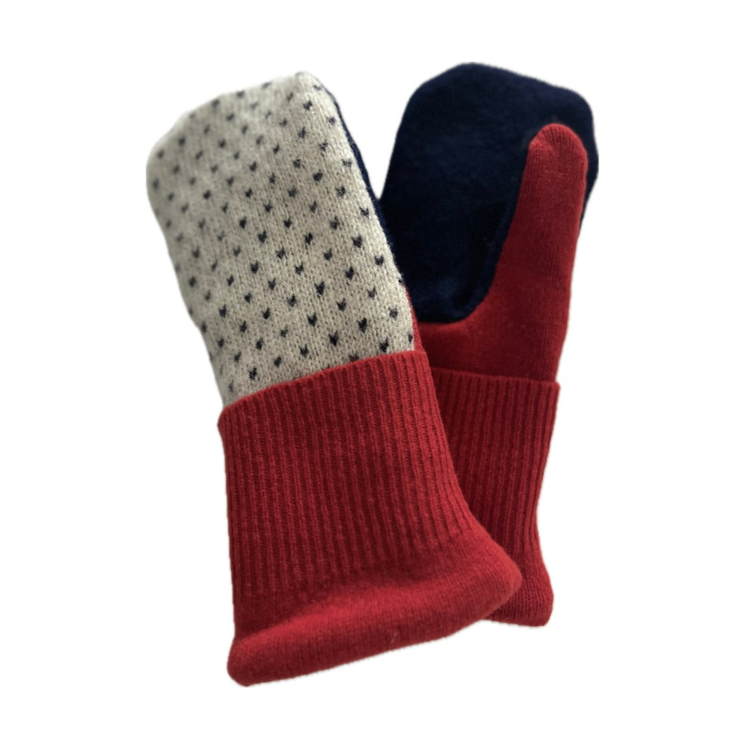 Men's Mittens - Red with Cream & Navy Pattern - 366