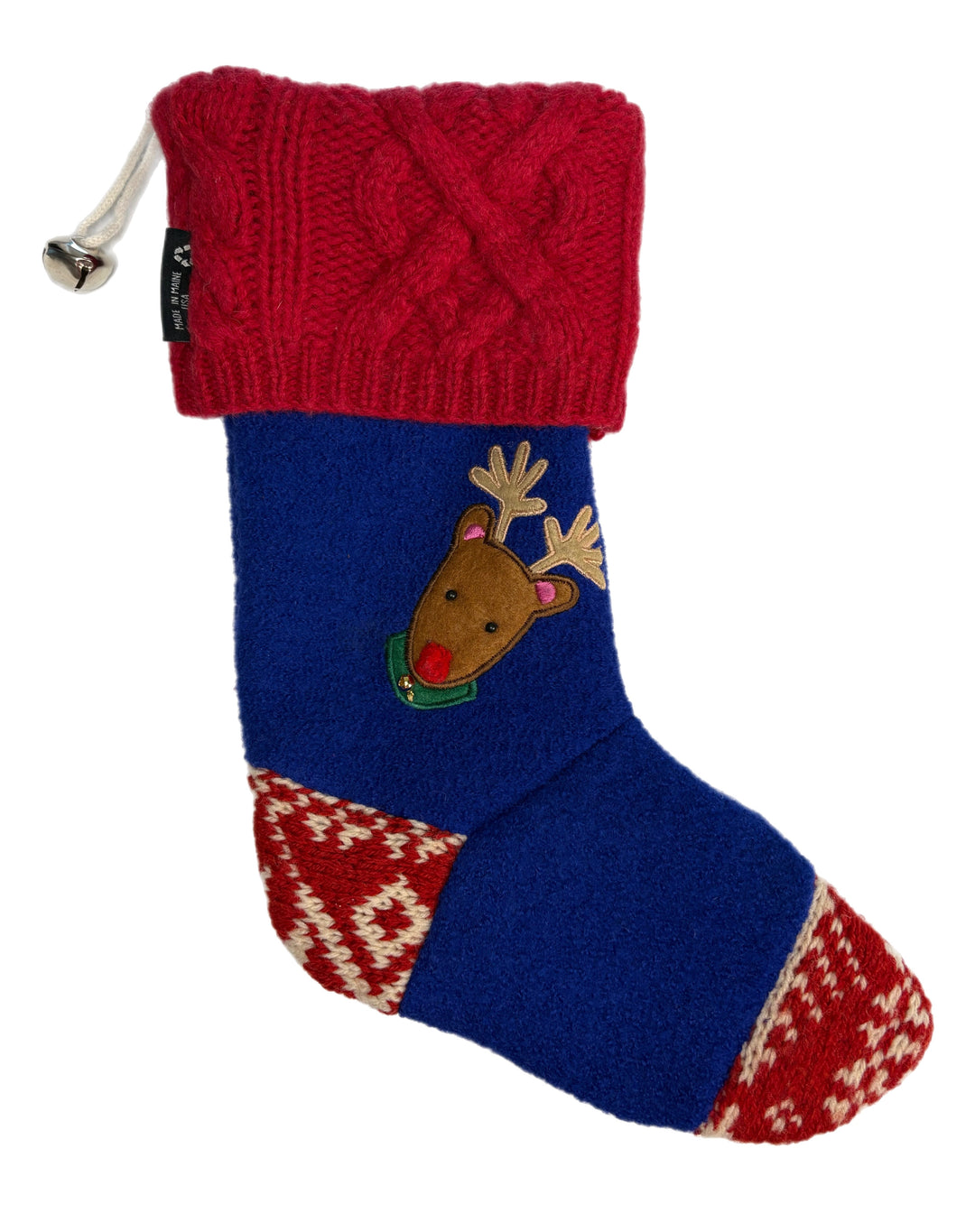 Christmas Stocking - Bright Red with Reindeer & Royal Blue - 074 Front