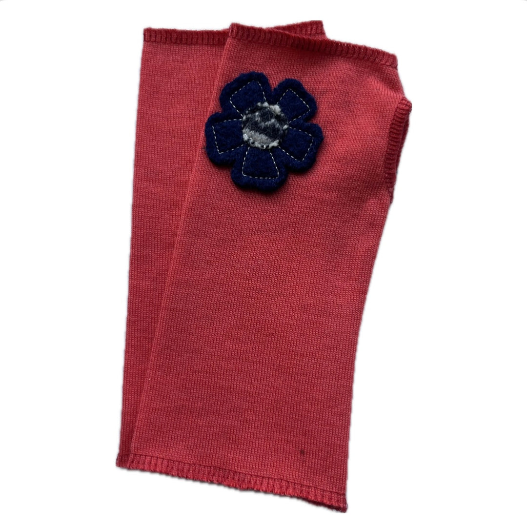 SALE Wool Short Flower Fingerless Mittens - Salmon with Off Center Royal Blue Flower - 230