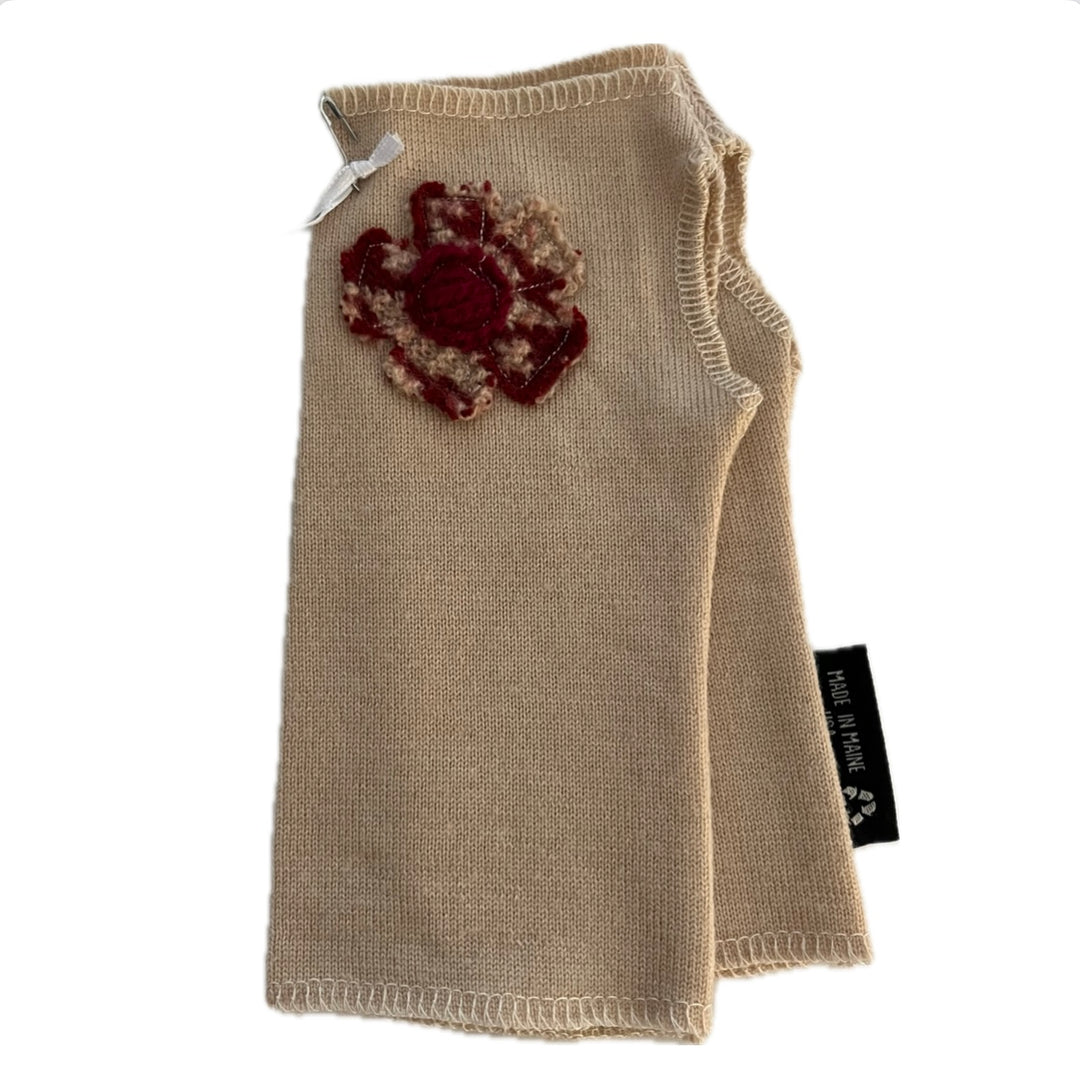 SALE Wool Short Flower Fingerless Mittens - Tan with Off Center Cranberry Flower  - 200