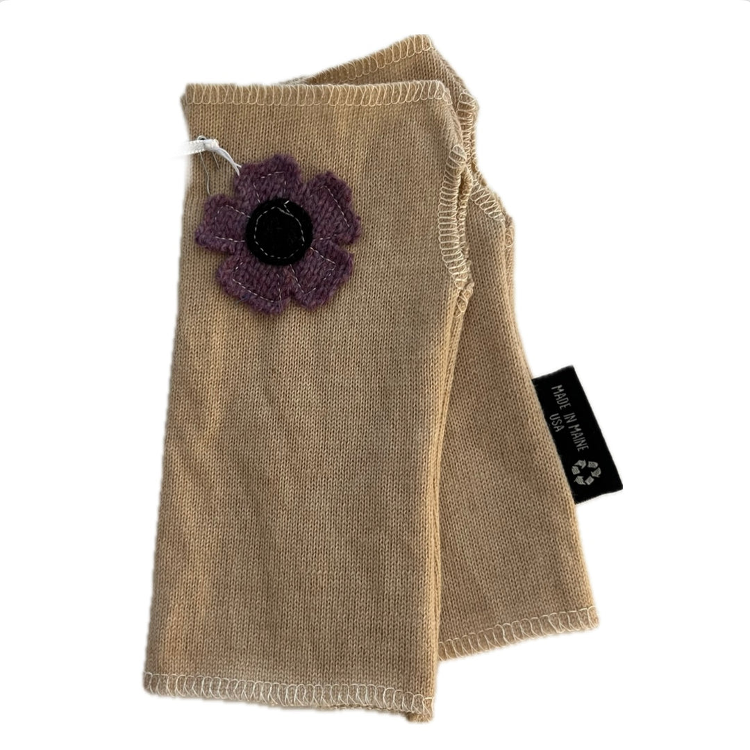 SALE Wool Short Flower Fingerless Mittens - Tan with Off Center Lavender Flower  - 191