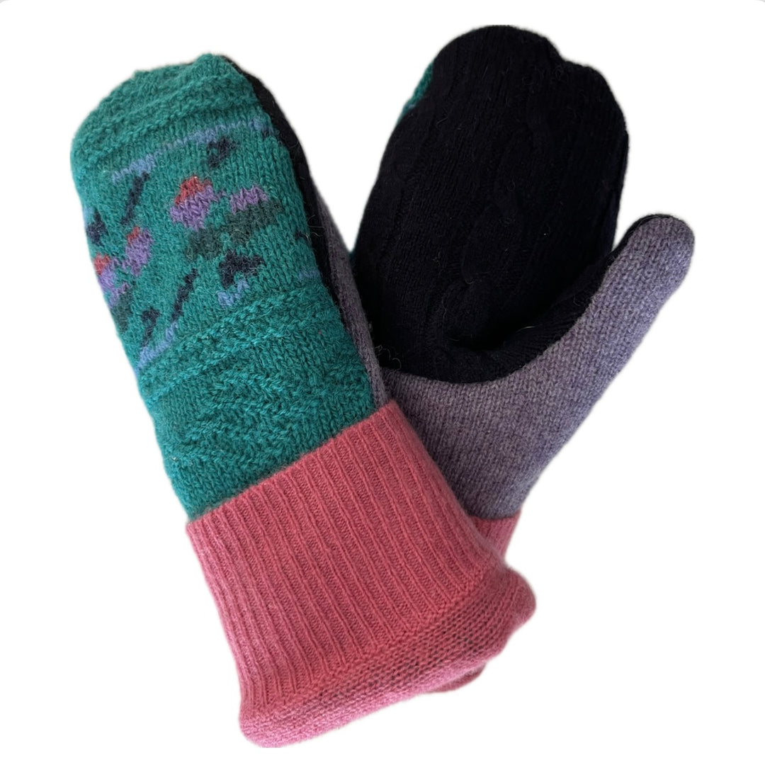 Women's Sherpa Lined Mittens - Turquoise & Pink Pattern - 605