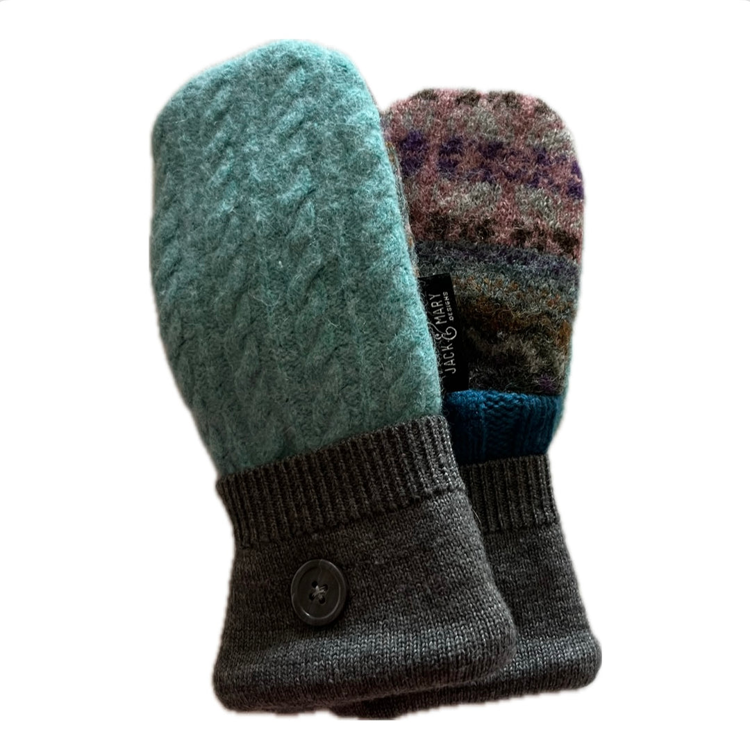 Women's Mittens Small with Buttons - Turquoise with Nordic - 576