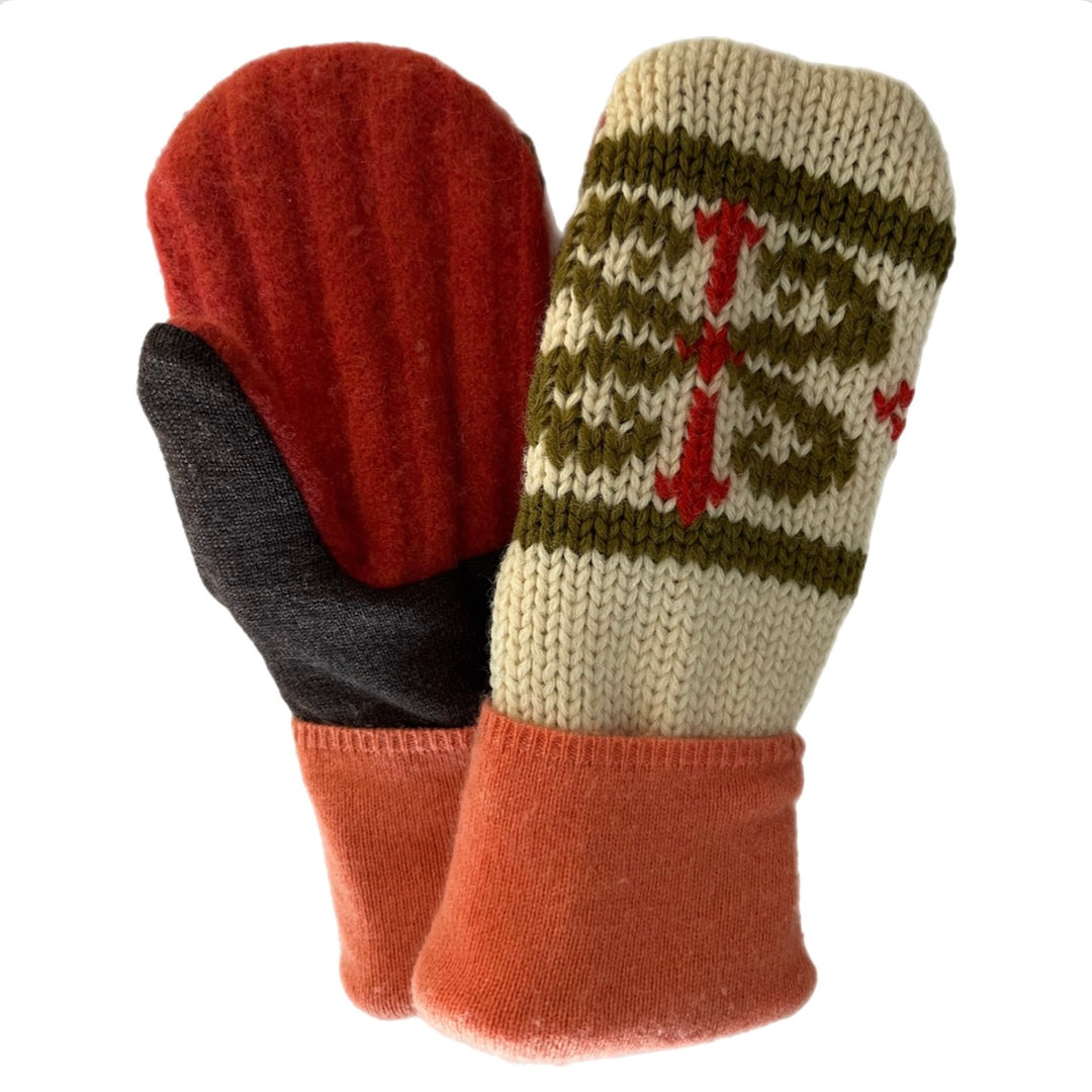 Women's Mittens - Cream with Red & Olive Pattern - 1543 M/L