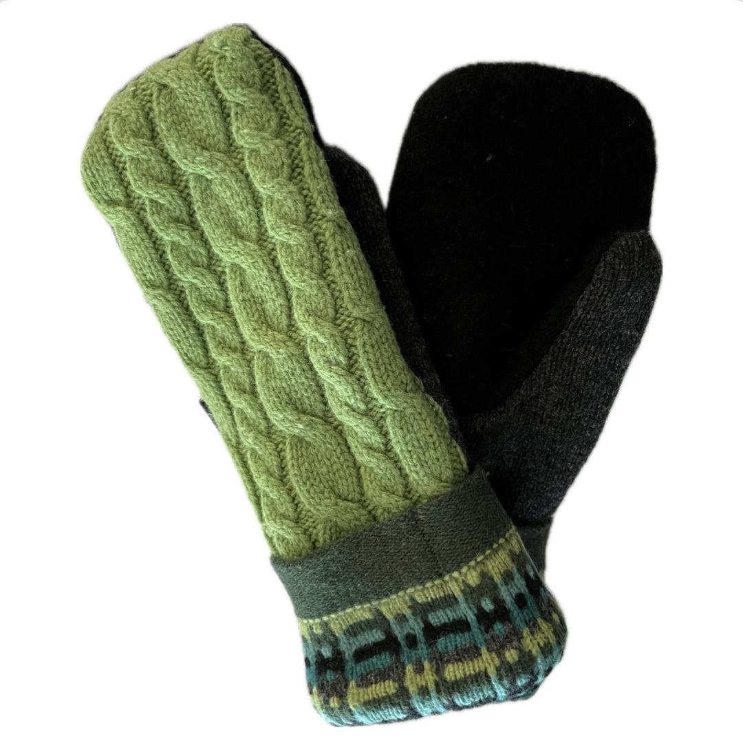 Women's Mittens - Green Cable Knit & Black - 1545 M/L