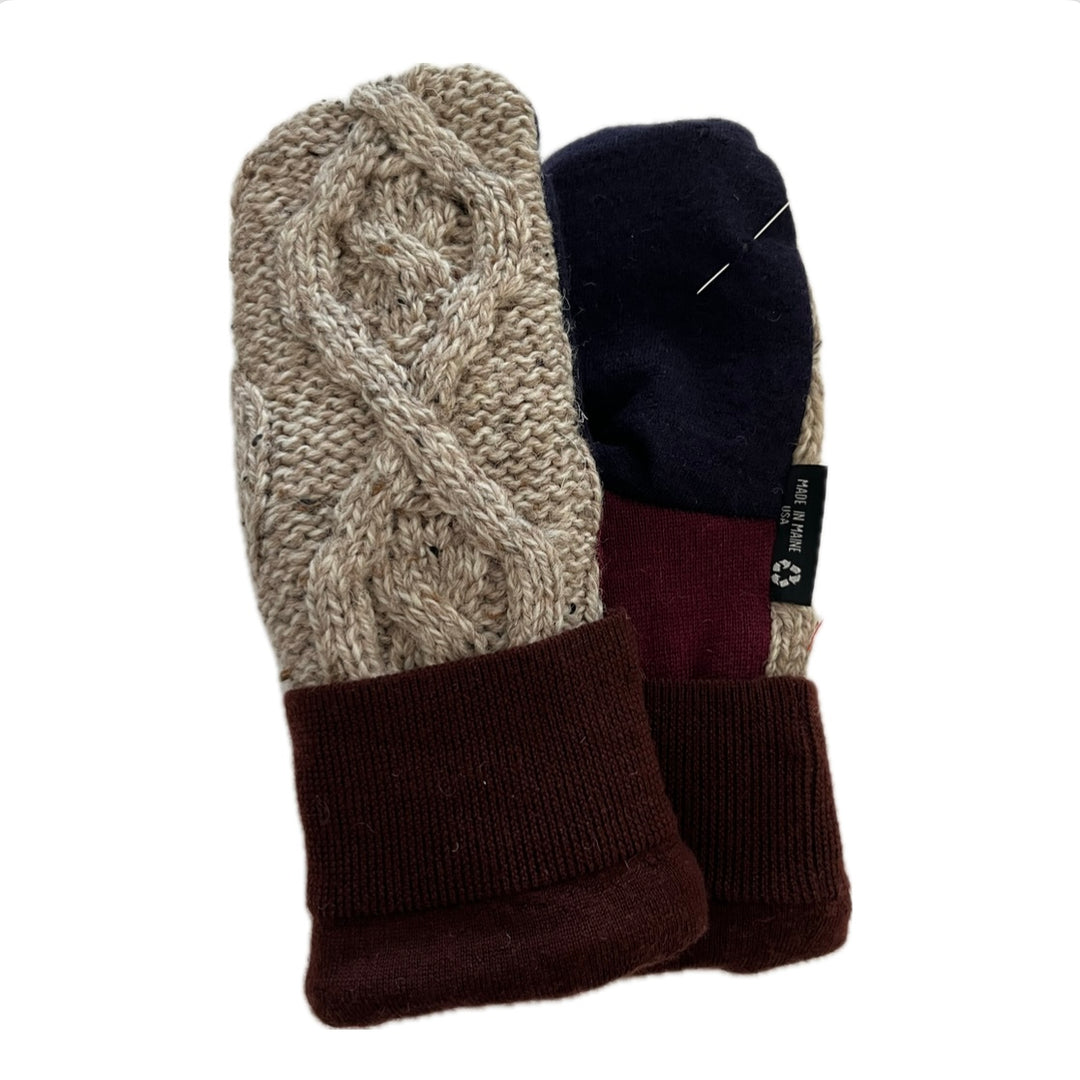 SALE Women's Mittens - Tan & Navy Small Stitching Repair - 1407