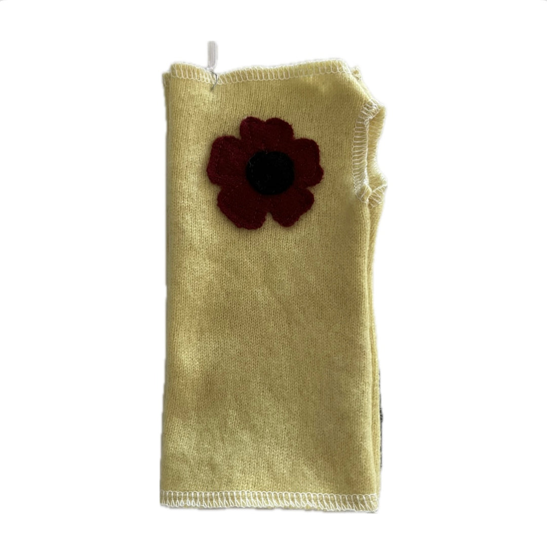 Cashmere Short Fingerless Mittens with Single Flower