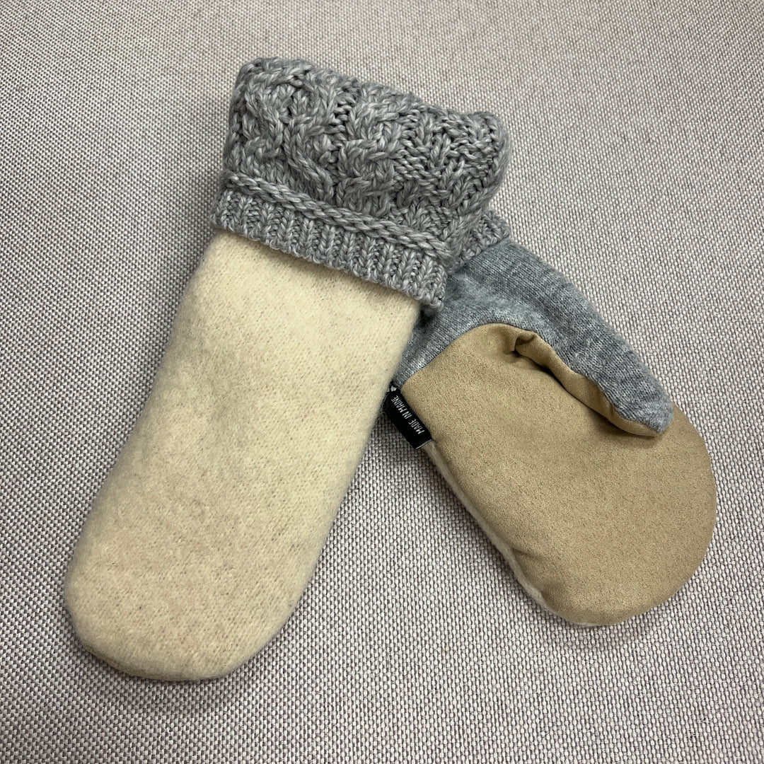 Women's Driving Mittens - Irish Cream & Marble Grey with Tan micro-suede palm - 053 M/L