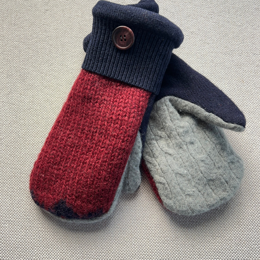 recycled sweater mittens, lined with cozy fleece, Maroon, Navy & Grey