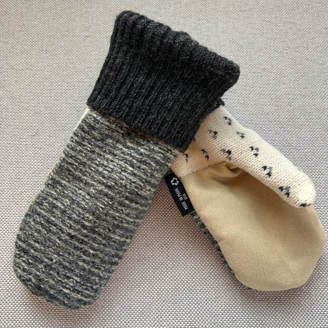 recycled sweater driving mitten, microsuede palm, lined with fleece, grey & cream