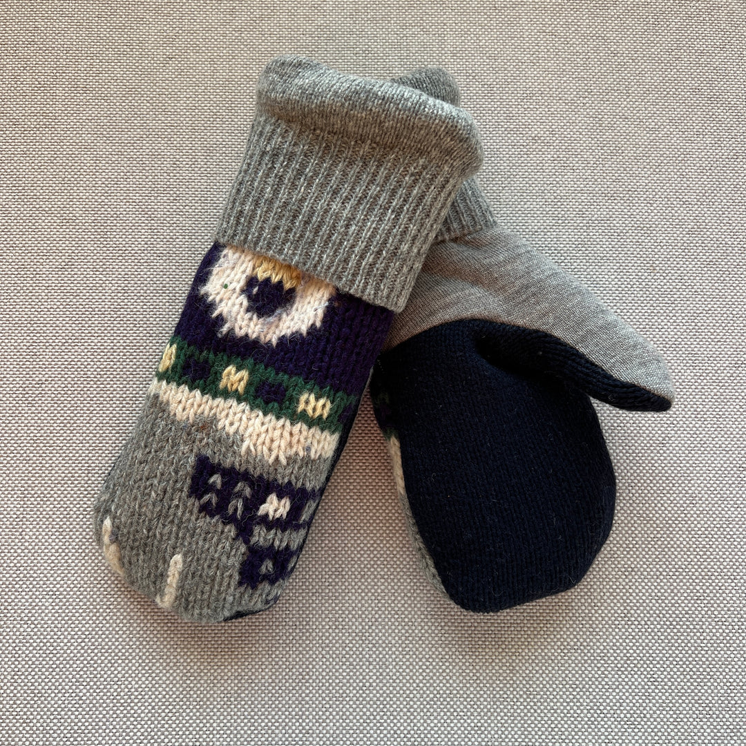 recycled sweater mittens, lined with cozy sherpa fleece, grey, navy, cream & green