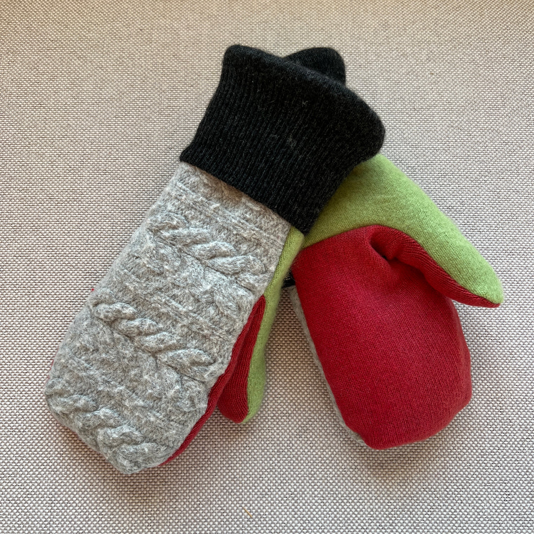 recycled sweater mittens, lined with cozy sherpa fleece, grey, pink & green