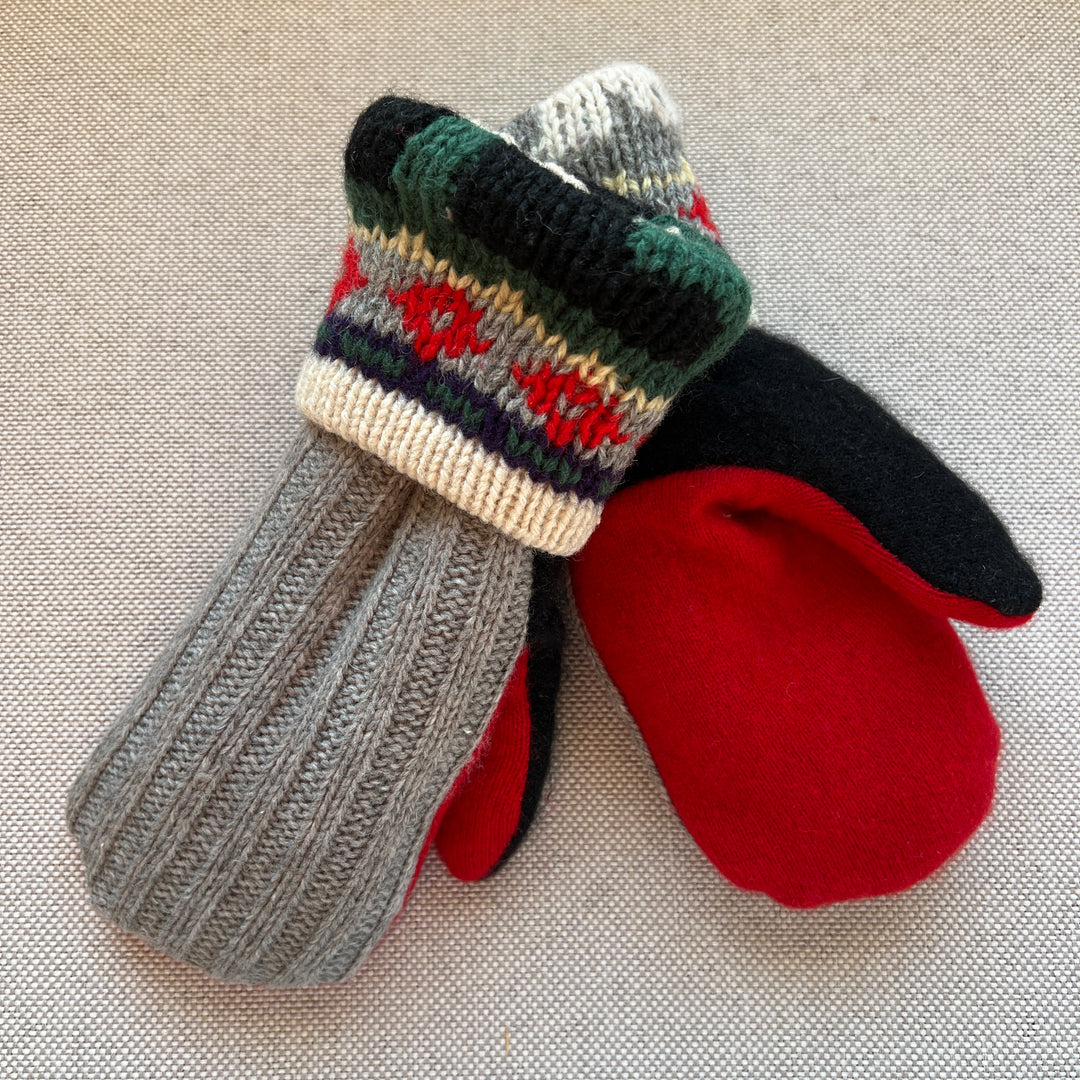 recycled sweater mittens, lined with cozy sherpa fleece, Grey, Red, Navy, Green & Black
