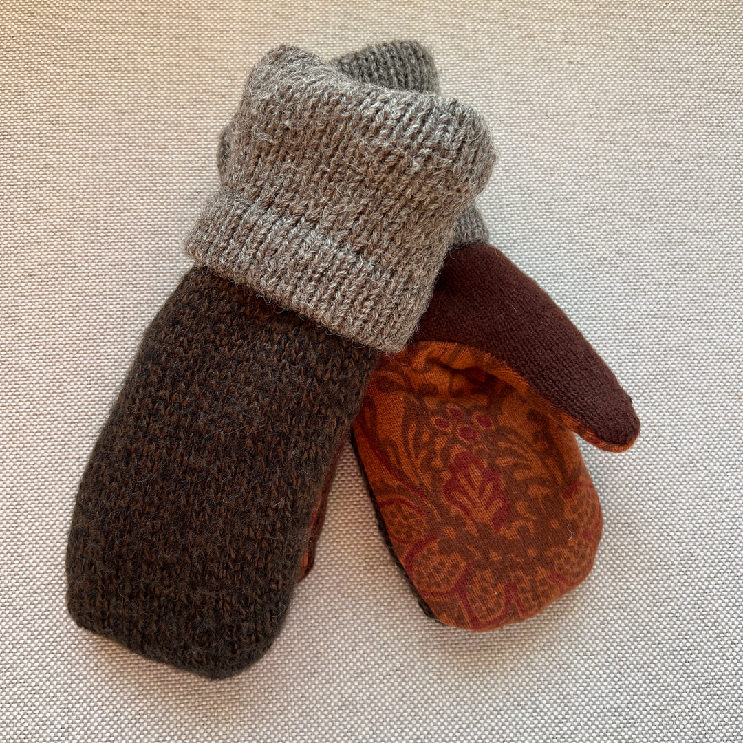recycled sweater mittens, lined with cozy sherpa fleece, shades of brown & paisley