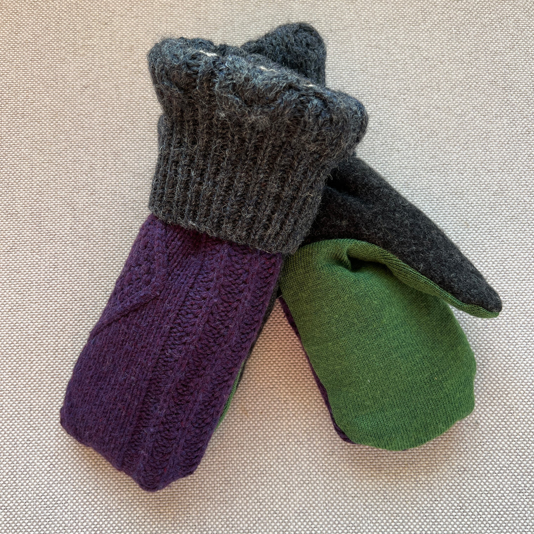 recycled sweater mittens, lined with cozy sherpa fleece, charcoal, purple & green